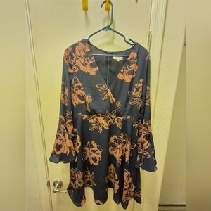Floral Long Sleeve Dress - Navy and Peach